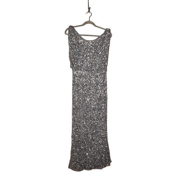 JS COLLECTIONS $298 Boatneck Mesh‎ Sequin Sleeveless Evening Gown Silver Size 4 - Picture 1 of 5